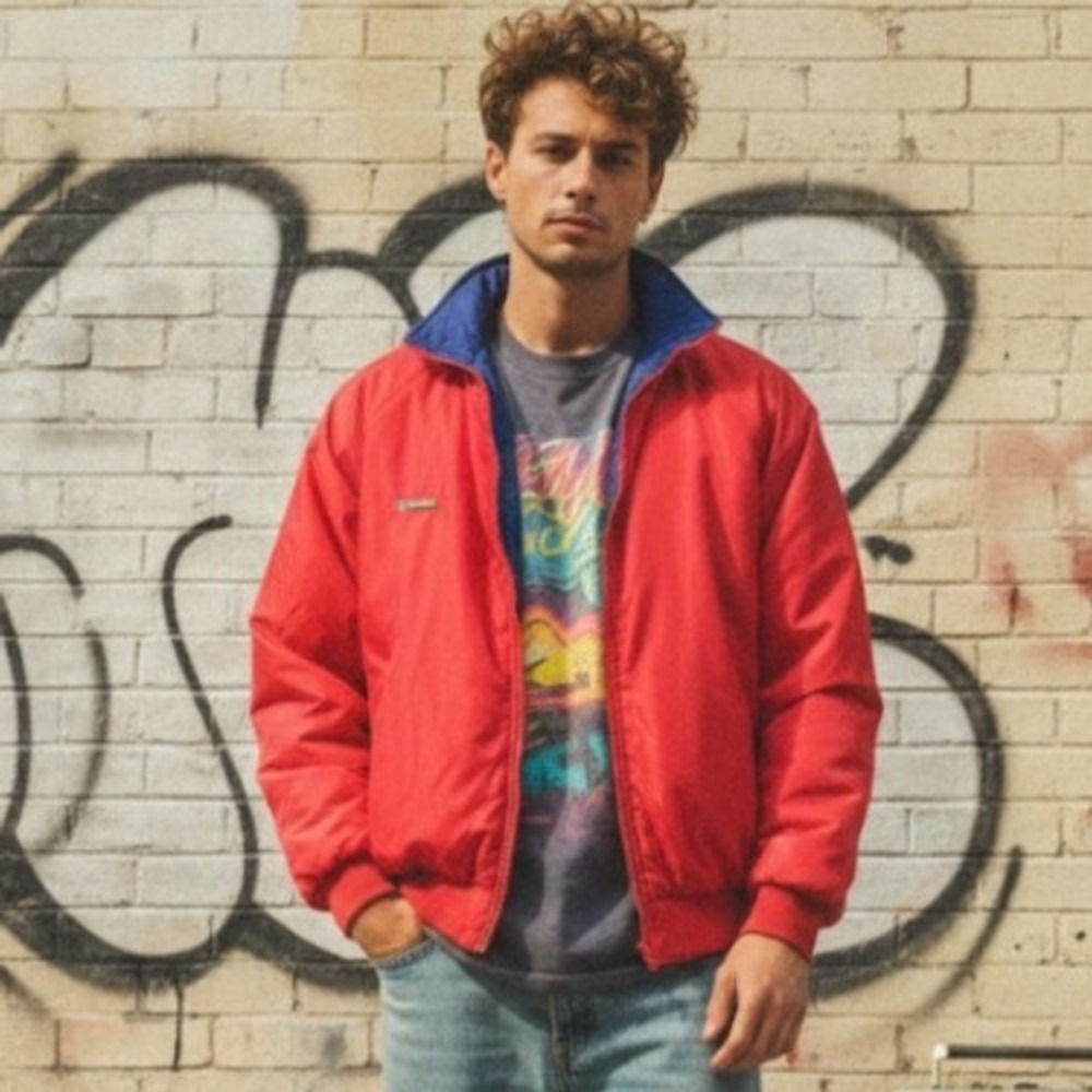 VTG 90s Columbia men Large Reversible Bomber Jacket coat Red‎ Blue Zip gorpcore